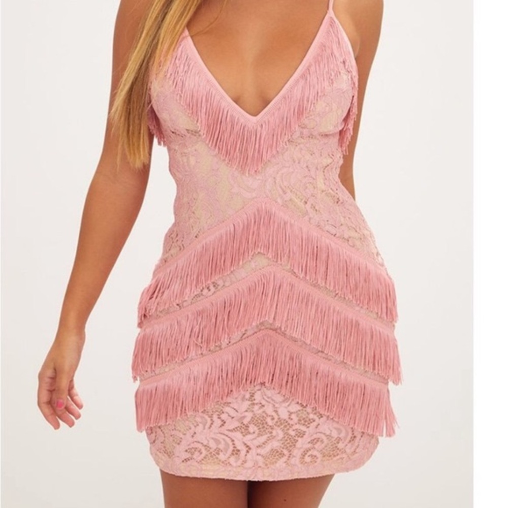 Pink beige tassel and lace dress